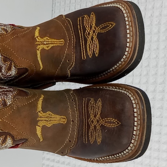 MauryUnisex Kids Square Toe Leather Cowboy Boots Longhorn Stitch Size 18.5 Brown - Picture 6 of 12